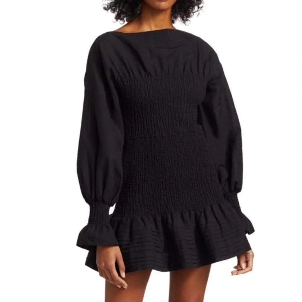 Derek Lam Collective Black Smocked Long Sleeve Ruffle Hem Cotton Mini Dress